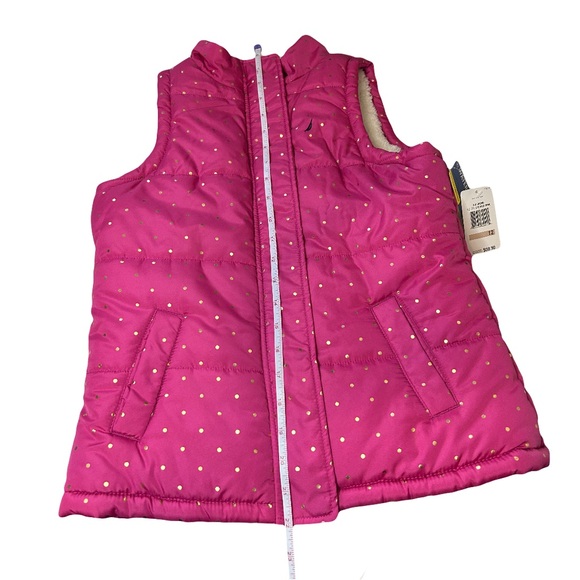 Nautica Vest Girls Size 12 Pink Gold Dotted Puffer Button Full Zip Sherpa Lined - Picture 9 of 10